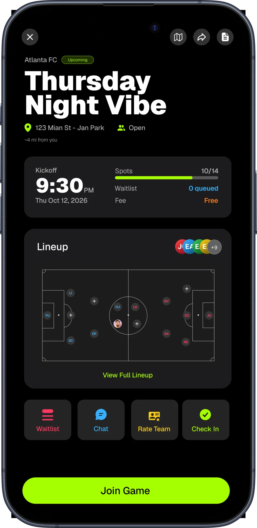 FC Pickup game screen on iPhone — kickoff time, spots, lineup